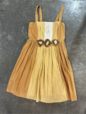 Ryu Mustard Cotton Pleated Floral Fit & Flare Dress L